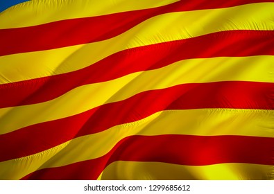 Catalonia flag. Flag of Catalan 3D rendering. Official flag of Catalonia and Catalan. Yellow, blue and red flag with star. Catalonia referendum concept. Barcelona and Spain independence concept.