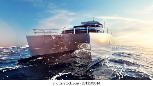 Catamaran motor yacht on the ocean at sunny day. 3D illustration