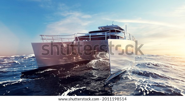 Catamaran motor yacht on the ocean at sunny
day. 3D
illustration