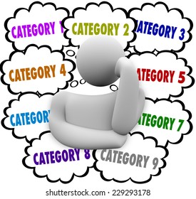 Category word in thought clouds above a thinker to illustrate managing ideas, tasks and jobs into achievable sections, areas or classes - Powered by Shutterstock