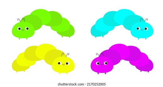 Caterpillar insect icon set. Crawling catapillar bug. Cute kawaii cartoon funny character. Baby collection. Flat design. Colorful bright yellow green cblue violet olor. White background. 