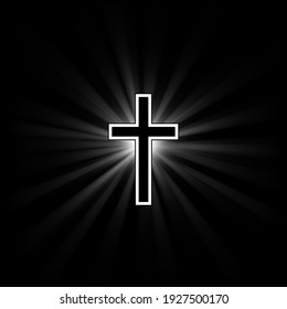 Catholic Cross On A Black Background With Divergent Rays Of Light.