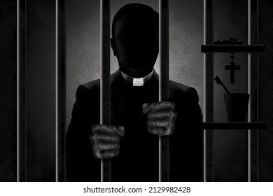 A Catholic Priest Identified By His Clergyman Collar Is Seen In Silhouette Behind Bars With His Hands Gripping The Bars In A 3-d Illustration.