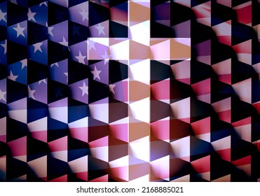 Catholicism In United States Of America. Christian Cross. USA Flag With Religious Crucifix. Christianity In USA. Concept Of Catholic Church In America. Cross In Front Of US Flag. 3d Rendering.