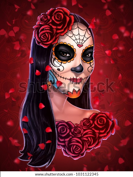 Catrina Mexico Art Culture Red Roses Stock Illustration 1031122345