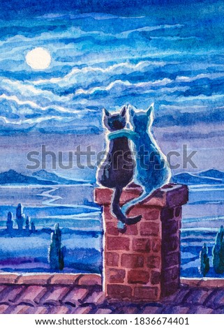Cats admire the moon night sitting on the roof of the house. Cute Kitten. Watercolor painting.