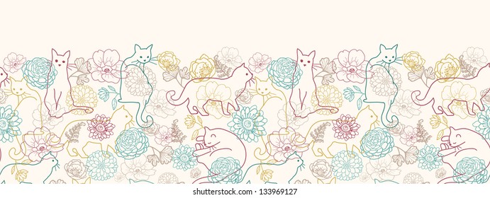 Cats among flowers horizontal seamless pattern background border raster