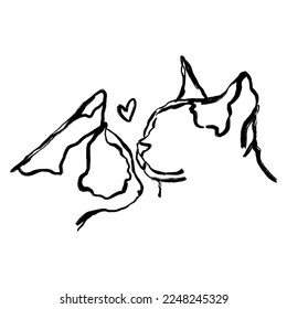 Cats couple hand drawn illustration  Valentine art  Two abstract cat's heads brush drawing  In love 