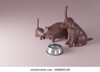 Cats and dog sculpture with a food bowl - 3d rendering 