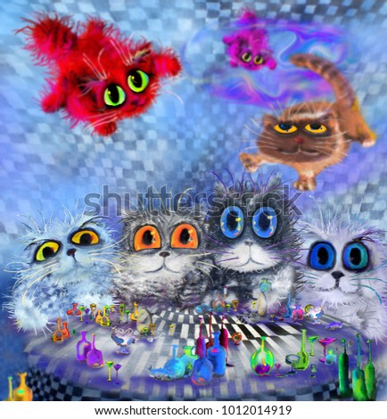 Cats' party with three flying cats