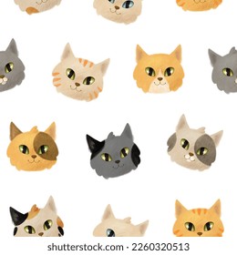 Cats seamless pattern. Cute cats faces, different cat breeds, coat colors. White background, high resolution, 300dpi