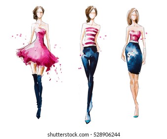Catwalk. Watercolor fashion illustration
