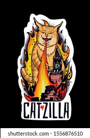 Catzilla. Cute Cat Destroys An Evil Empire. Funny Art. 