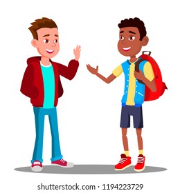 Caucasian Boy And Black Boy Greet Each Other, Friendship. Multiracial. European And Afro American. Isolated Illustration - Powered by Shutterstock