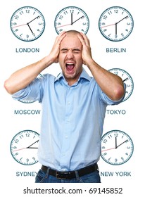 Caucasian Man Stressed By Jet Lag With Time Zone Clock Background