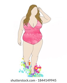 Caucasian Plus Size Woman In A Pink Bathing Suit And Colorful Paint Splatter On The Ground