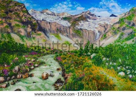 Caucasus mountains landscape, mountain valley and river