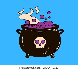 Cauldron with Purple witch poison. Scary Davils Cauldron Halloween Decoration.