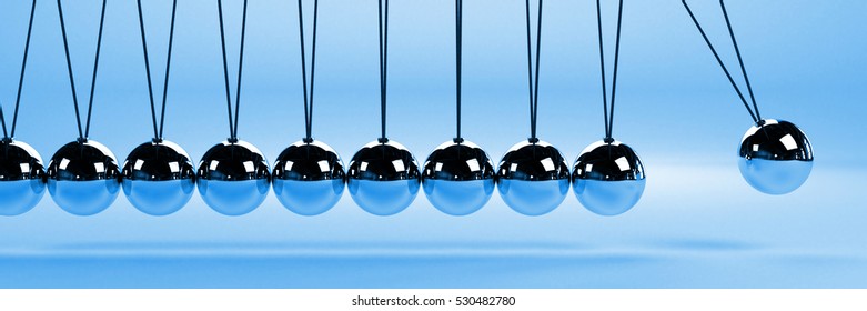 Cause And Effect Concept Banner, Metal Newton's Cradle On A Blue Background, 3D Illustration