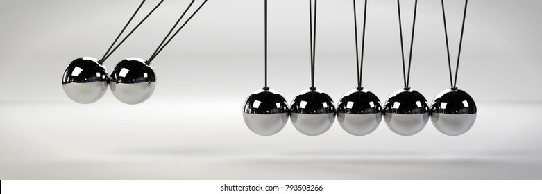 cause and effect concept, metal Newton's cradle with two balls in motion on a white background (3d illustration banner)