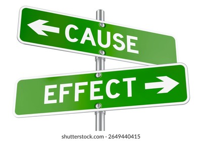 Cause and effect, green direction arrows, street signs. 3D rendering isolated on white background     