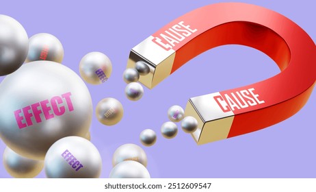 Cause which brings Effect. A magnet metaphor in which cause attracts multiple parts of effect. Cause and effect relation between cause and effect. ,3d illustration