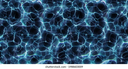 caustics below the water surface. Pool water with shiny rays. Ripple Caustics. water caustics on black background. Top view Seamless Texture. illustration.