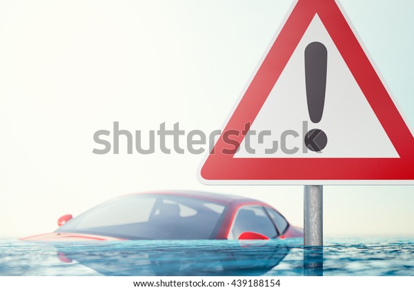 Caution\
Flood - Warning sign standing in flood water in front of a flooded\
car - computer generated image - 3D\
rendering\
