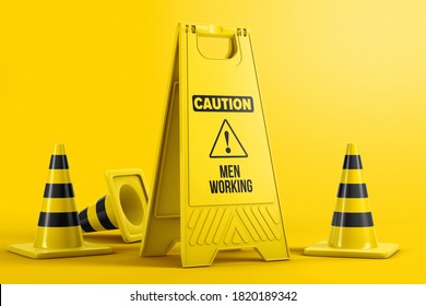 Caution Portable Floor Sign With Traffic Cones Mockup. 3D Rendering. 