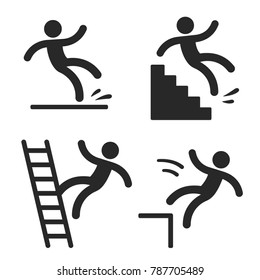 Caution Symbols With Stick Figure Man Falling. Wet Floor, Tripping On Stairs, Fall Down From Ladder And Over The Egde. Workplace Safety And Injury Illustration.