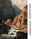 Cavalry marching through a mountain river, Afghanistan Watercolour. Vintage nature landscape painting artwork, old illustration of nature landscape.