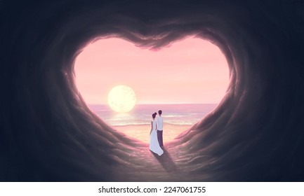 Cave heart of love and the sea. concept art of romance wedding and Valentine's day. surreal painting illustration. Conceptual fantasy artwork. - Powered by Shutterstock