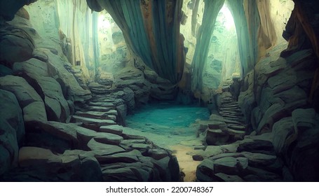 Cave Interior With Goblin Ruins And Lake, Corridors, Archways, Underground