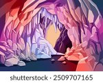 Cave landscape. Colorful Stone cave entrance. Prehistoric dungeon entrance, rock cavern game illustration. image of tunnel in mountain or mine in rocks