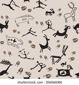 Cave Painting Hunters And Animals.