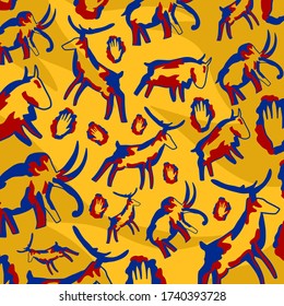 a cave painting inspired pattern in yellow, blue and red. 
