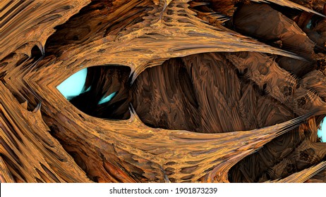 Cave with tree trunks on the surface of an alien planet. 3d fractal graphic, part of a huge fractal, calculated with Mandelbulp 3D program