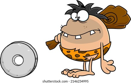 Caveman Cartoon Character With A Stone Wheel. Raster Hand Drawn Illustration Isolated On White Background