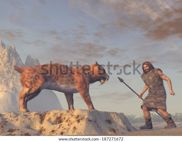 Caveman Saber Tooth Tiger Stock Illustration 187271672