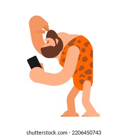 Caveman And Smartphone. Prehistoric Man And Phone. Ancient Gadget
