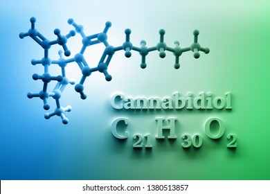 CBD cannabidiol molecular chemical structures. Image with green blue color gradient. 3d illustration.