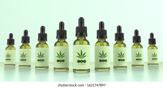 CBD, Cannabidiol Oil Bottles With A Hemp Leaf. 3d Illustration.