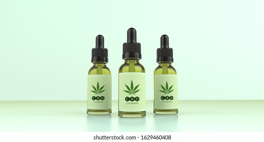 CBD, Cannabidiol Oil Bottles With A Hemp Leaf. 3d Illustration.