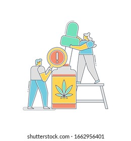 CBD Oil Flat Illustration. Two Persons Discussing CBD Health Benefits And Side Effects On White Background. Chemical Formula And Marijuana Symbol.
