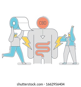 CBD Oil Flat Illustration. Two Persons Discussing CBD Health Benefits And Side Effects On White Background. Chemical Formula And Marijuana Symbol.
