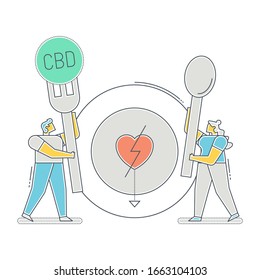 CBD Oil Flat Illustration. Two Persons Discussing CBD Health Benefits And Side Effects On White Background. Chemical Formula And Marijuana Symbol.
