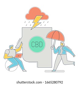 CBD Oil Flat Illustration. Two Persons Discussing CBD Health Benefits And Side Effects On White Background. Chemical Formula And Marijuana Symbol.
