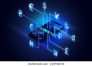 CBDC Central Bank Digital Currency banner, futuristic smartphone with symbols of fiat currencies of different countries. cryptocurrency and smart money concept