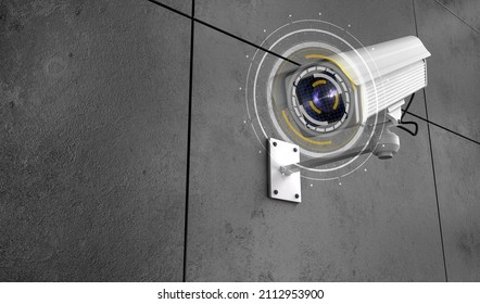 CCTV Camera with HUD interface in front of lens on wall. 3d rendering