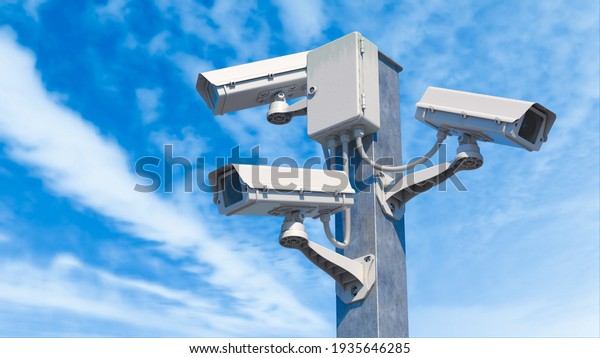 CCTV\
street cameras on pole. 3D render\
illustration